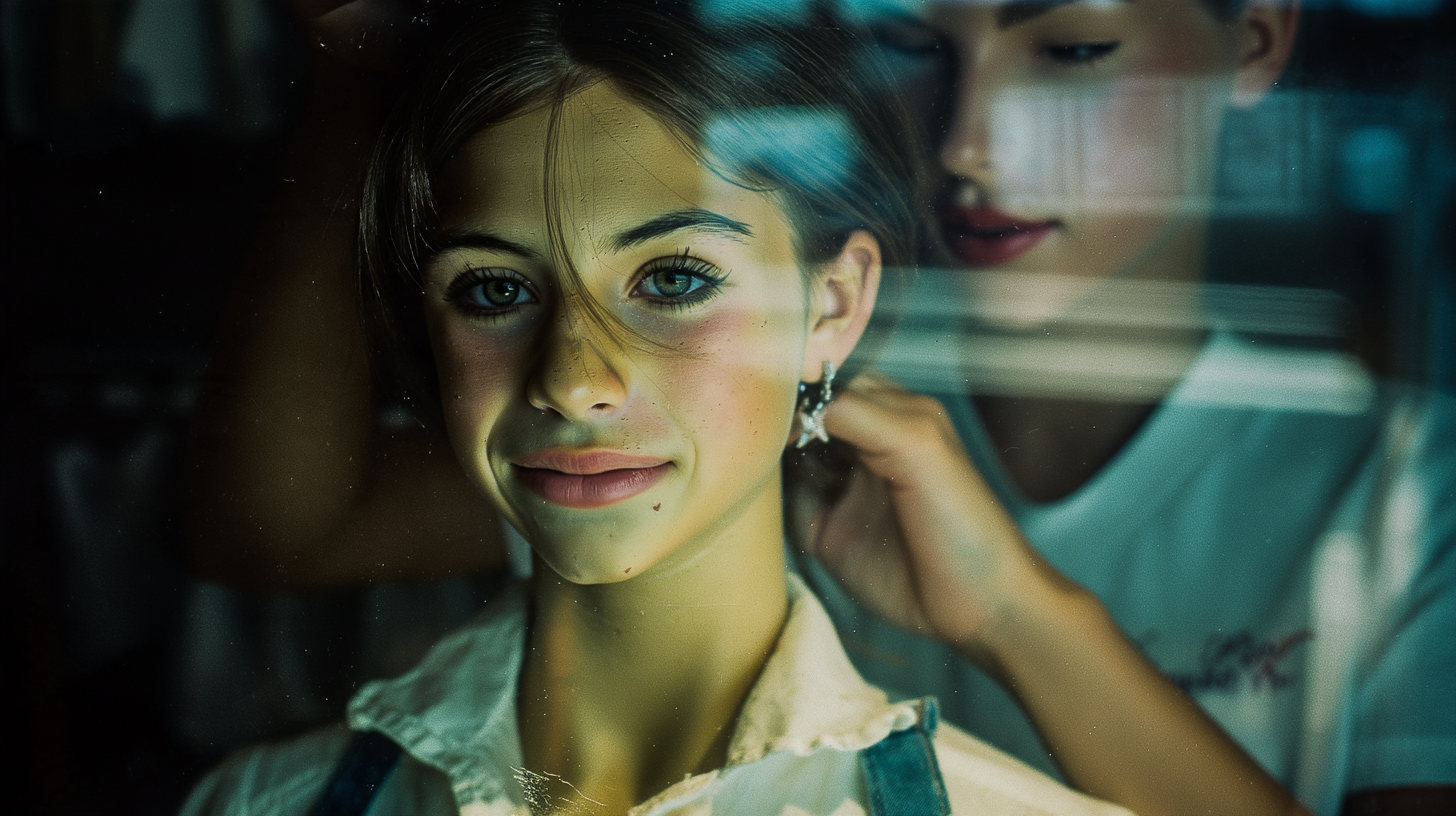 Quinn seen through the boutique glass as a hand reaches toward her