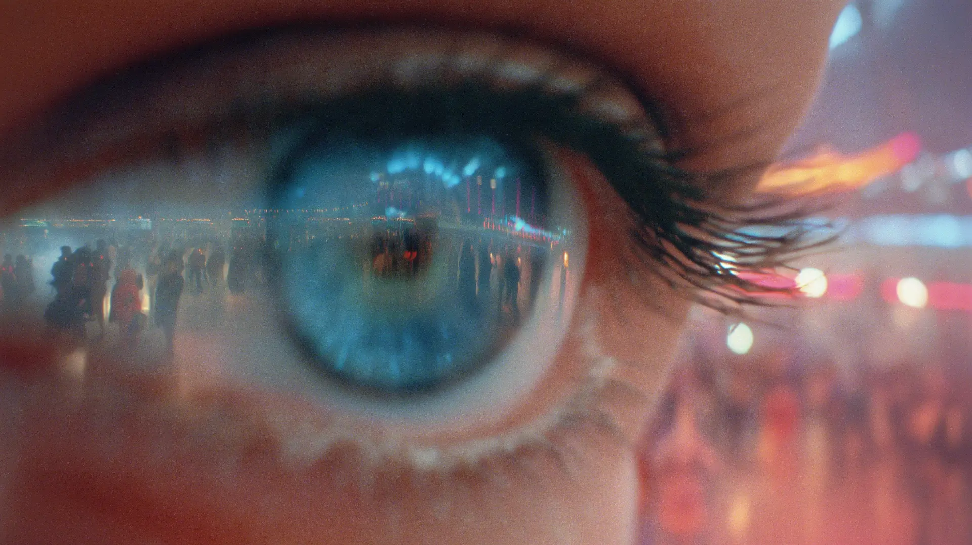 Forty years of watching: the neon mall reflected in Quinn’s eye