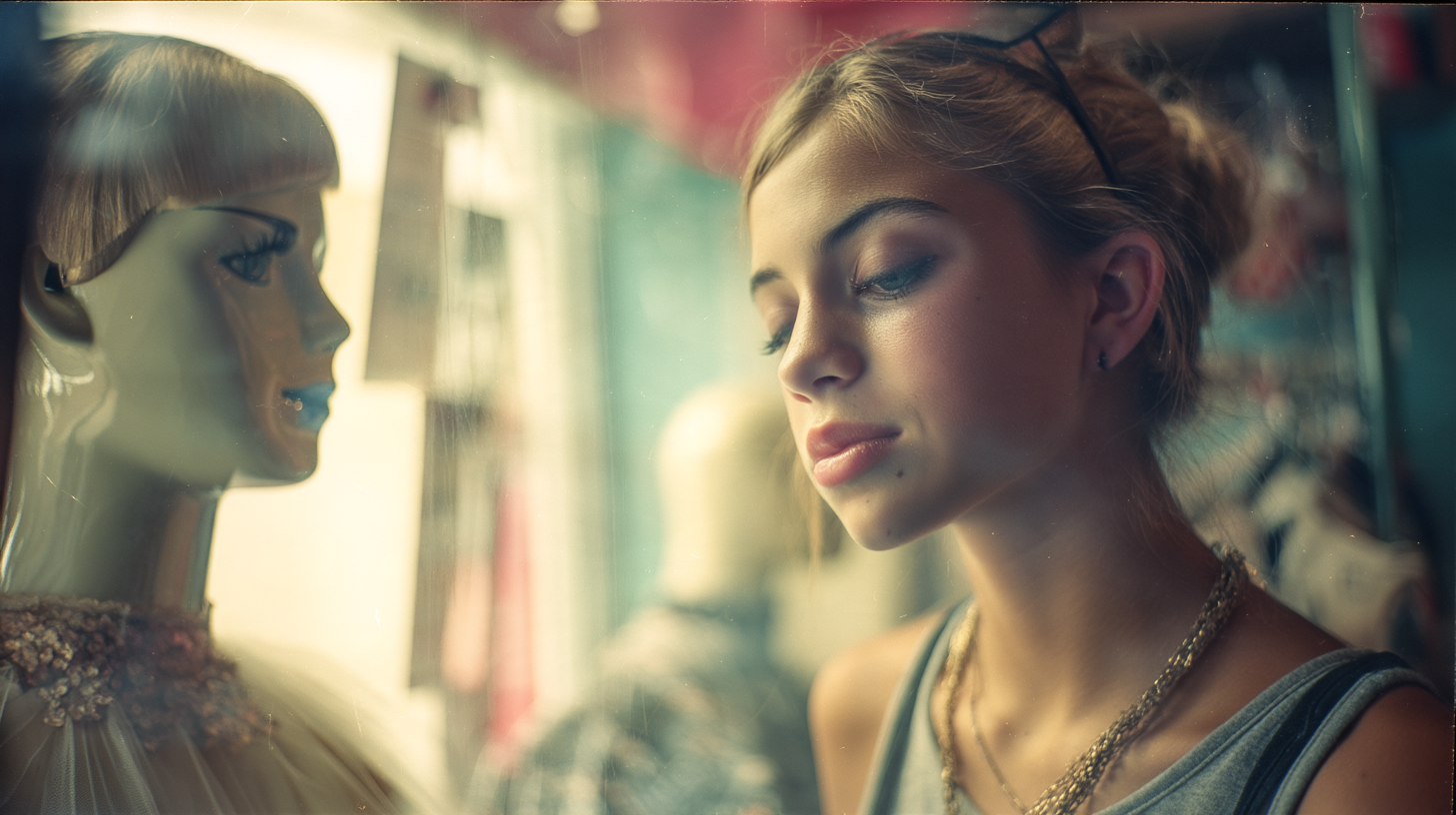 Quinn looking at a mannequin in Sandy's Boutique window