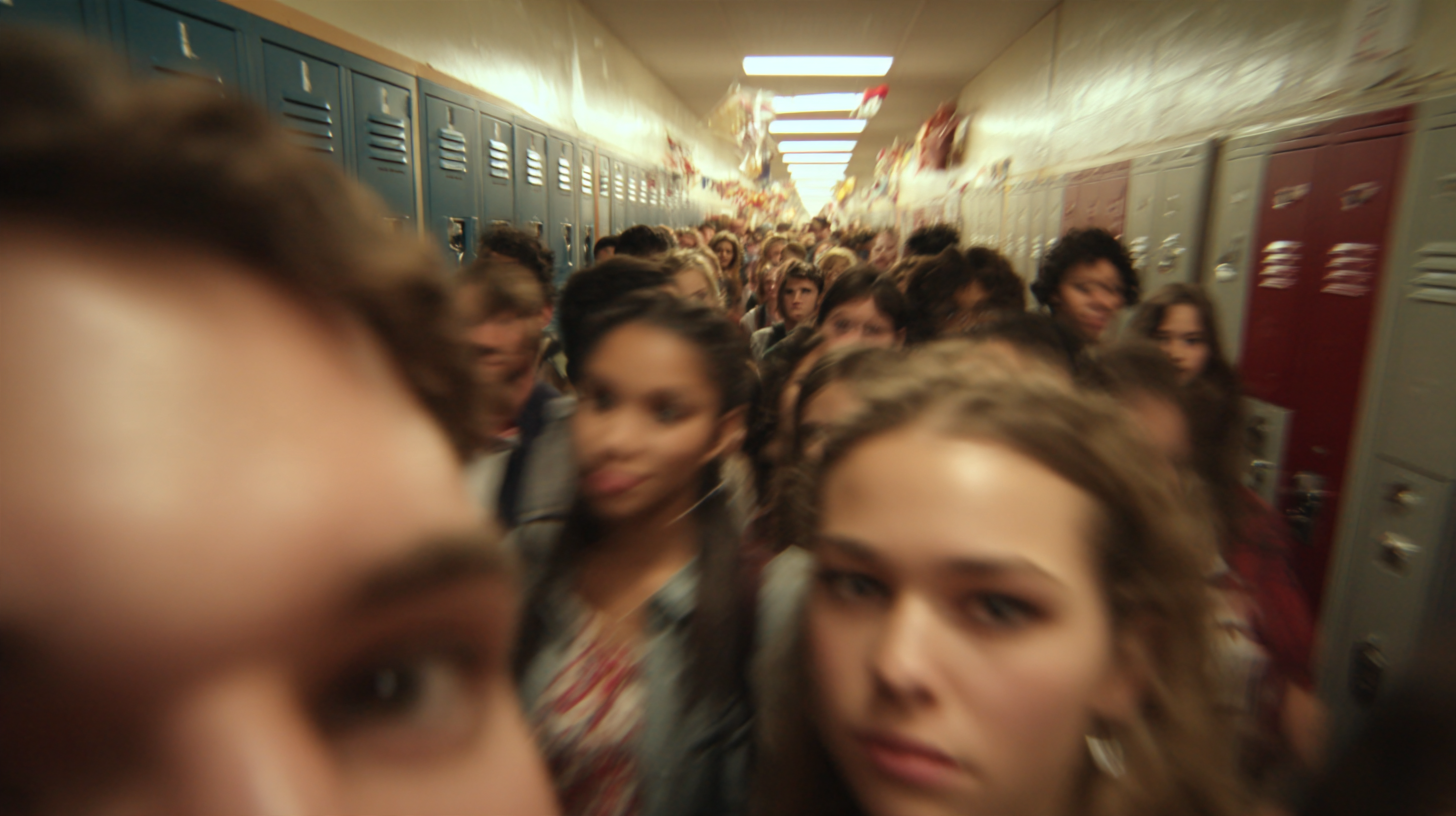 A crowded high-school hallway between classes