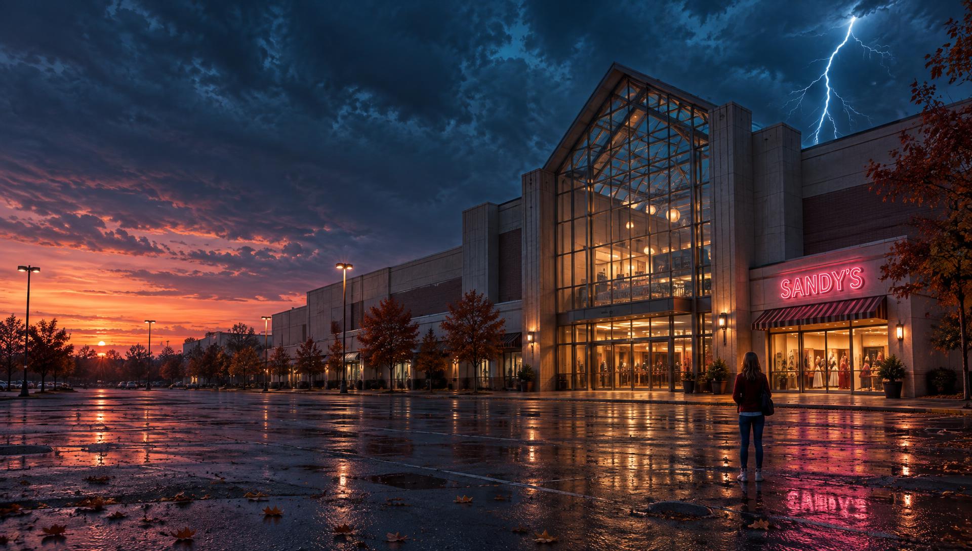 Rain falling over the abandoned mall at night